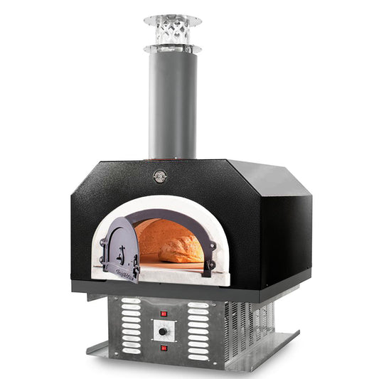 The CBO 750 Hybrid Countertop (Commercial) oven from Chicago Brick Oven is a modern and functional stainless steel and black outdoor pizza oven with a chimney and a visible lit fire inside. This high-performance model, crafted from commercial-grade refractory cement, features a front opening door and is mounted on a metal base with control switches. Its dual fuel design allows for both wood-fired and gas cooking, making it ideal for outdoor culinary activities.