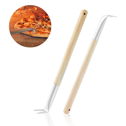 Two Aluminum 17.5 inch Pizza Spinner Turning Forks with Wooden Handles and Leather Straps from Chicago Brick Oven, shown side by side. An inset image displays one of the turning forks in use, spinning a pizza inside a hot pizza oven. Crafted from premium materials, these tools are designed for handling and rotating pizzas for even cooking.