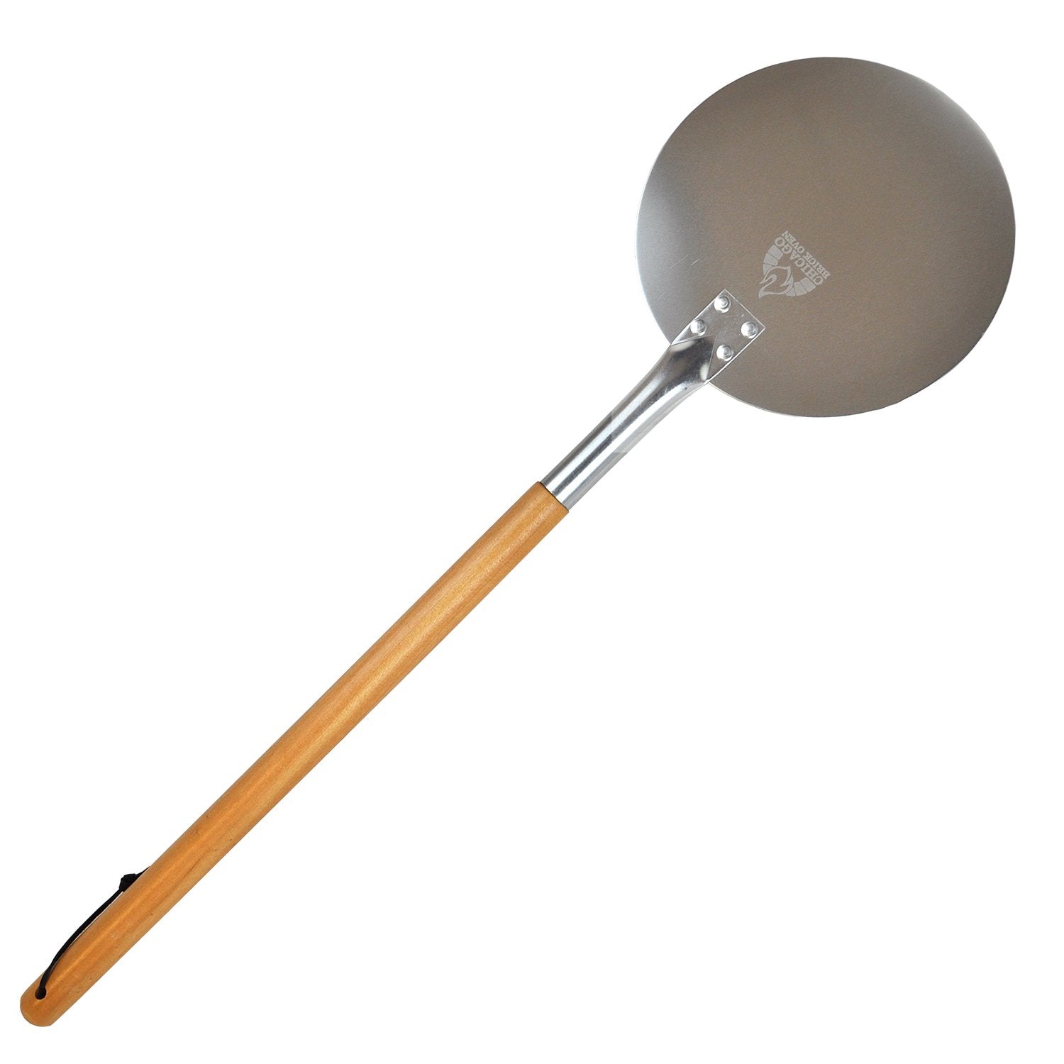 Image of "The AO Essential Accessories Package" by Chicago Brick Oven, featuring a pizza peel with a round metal head and a long wooden handle. The head of the peel, ideal for pairing with a dough scraper, showcases the embossed logo of a lion along with some text, while the handle includes a convenient hanging loop at the end.