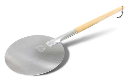 The Chicago Brick Oven Aluminum Pizza Peel sports a round, flat metal surface and a long wooden handle with a detachable feature. The brushed metal paddle proudly displays the Chicago Brick Oven logo, and the handle is equipped with a leather strap for convenient hanging. This essential tool for any pizza maker's baking arsenal is expertly designed for handling pizzas in an oven.