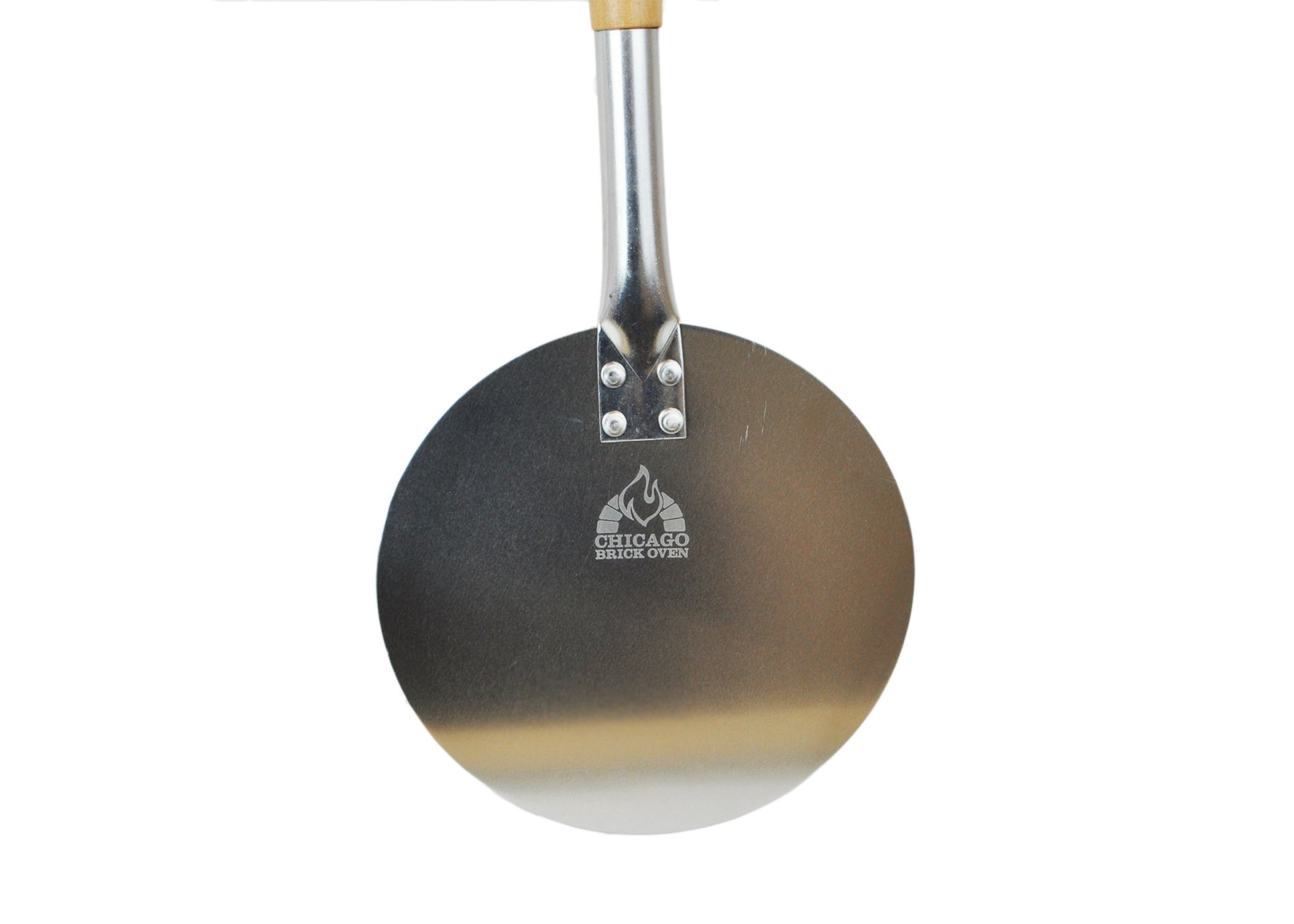 The Chicago Brick Oven Aluminum Pizza Peel is displayed, featuring a round metal paddle with a detachable wood handle and leather strap. The product prominently displays the "CHICAGO BRICK OVEN" logo in the center, along with flames above the text. The handle is securely attached to the aluminum peel with multiple rivets.