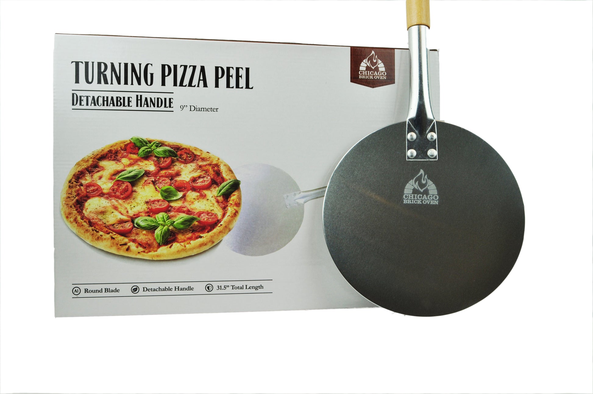 The Chicago Brick Oven Aluminum Pizza Peel - Turning Pizza Paddle, complete with a leather strap and detachable wood handle, is showcased in front of its packaging. The packaging features a pizza and detailed text about the product, including its 9-inch diameter, aluminum plate, detachable handle, and total length of 31.5 inches—a must-have accessory for any pizza maker's baking tools from the trusted brand Chicago Brick Oven.