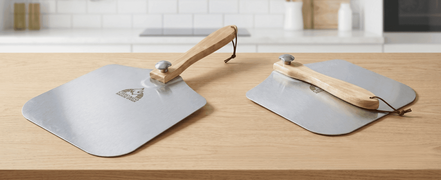 Close-up of the folding pizza peel wooden handle and locking connection